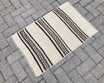 Vintage Turkish Kilim Rug: Striped Wool Small Rug (1’8 x 2’8 ft)