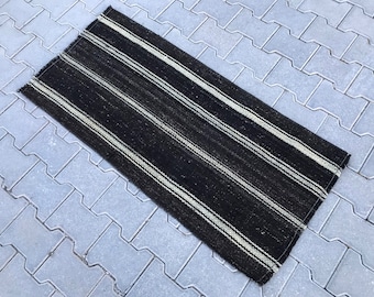 Goat hair small rug, Black small rug, Bath mat rug, Vintage entryway rug, Door mat rug, Farmhouse small rug, Striped small rug, 2x4 rug