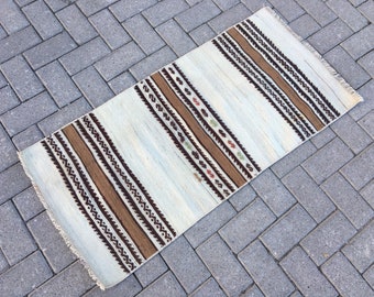 Vintage Turkish Kilim Rug: Striped Wool Entryway Mat (2x4)