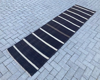 Vintage Turkish Kilim Runner Rug: Black & White Striped Flatweave (2x9)