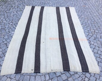 Vintage Türkischer Kelim Teppich: 200x300 Creme & Schwarz Gestreifter Wollteppich