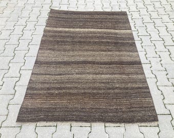 Vintage Brown Striped Kilim Rug: 4x6 Organic Goat Hair Area Rug