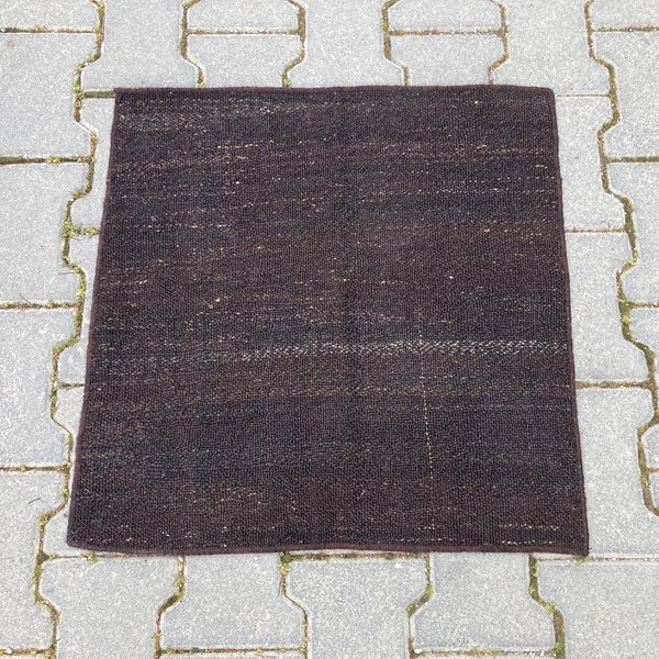 Solid brown small rug, Goat hair small rug, Entryway rug, Vintage bath mat, Door mat rug, Flatweave small rug, Square small rug, 2x2 rug