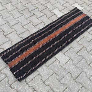 Vintage black short runner rug , Organic (goat hair) runner rug , Handmade runner rug , Kitchen runner rug , Narrow runner rug , 2x5 rug
