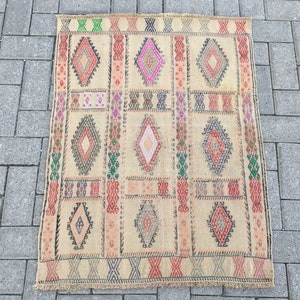 Vintage Embroidered Kilim Rug: Turkish Wool Square Rug (2x3 ft)