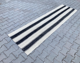 Vintage Turkish Kilim Runner Rug: Black & White Striped Wool, 2x9