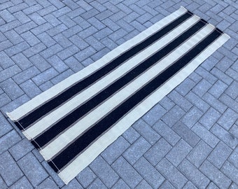 Vintage Turkish Striped Runner Rug: Black & White Kilim (2x7 ft)