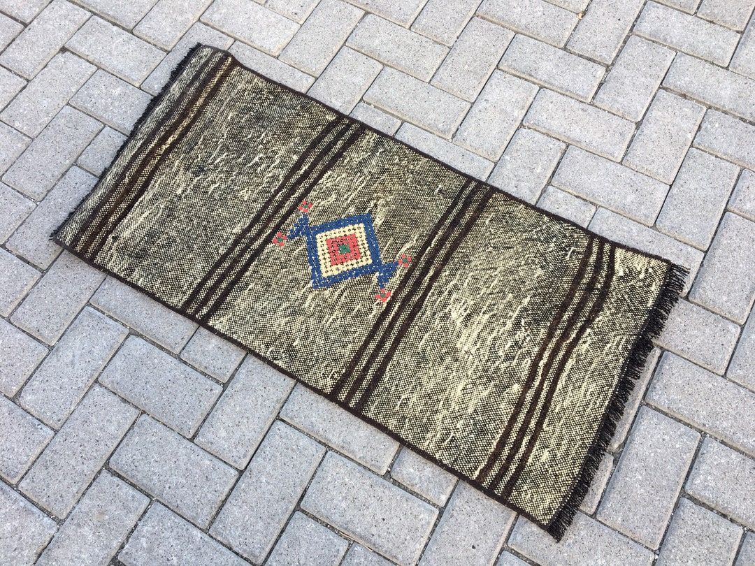 Black White Small Rug, Goat Hair Small Rug, Striped Small Rug, Door Mat