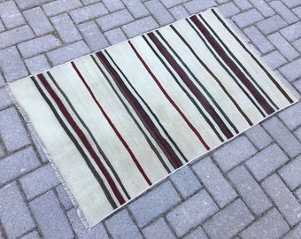 Vintage Turkish Kilim Rug: Striped Wool Entryway Rug (2x4 ft)