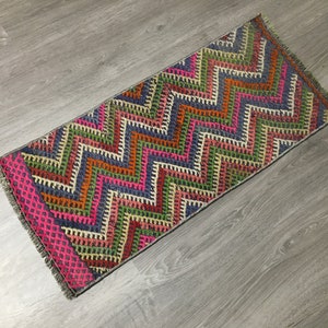 Vintage Turkish Kilim Rug: Colorful Embroidered Wool, 1x3 ft