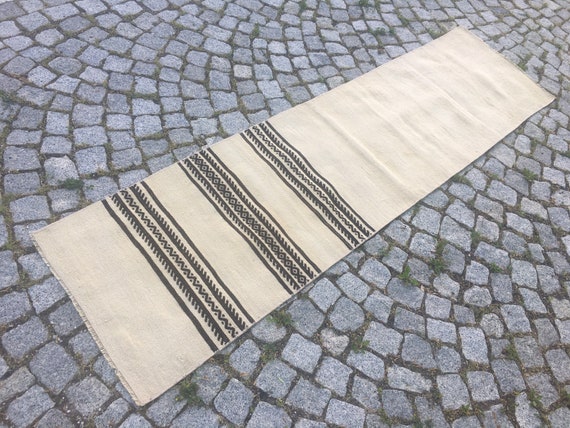 Vintage Turkish Runner Kilim Rug: Creamy White Striped Wool (2x7 ft) | US DDP