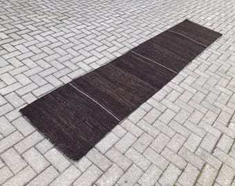 Vintage dark brown runner rug, Goat hair kilim runner rug, Black white runner rug, Flatweave runner rug, Hallway runner rug, 2x11 runner rug