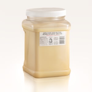 May include: A large, clear plastic container filled with pale yellow shea butter. The container has a white lid and a label with text that reads "100% Pure Shea Butter". The product is cold pressed and unrefined.