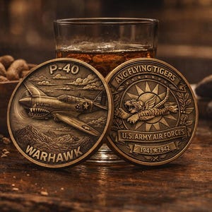 May include: Two bronze military challenge coins with detailed designs. One coin features a P-40 Warhawk aircraft, the other depicts a tiger with wings and the text "AVG Flying Tigers". A glass of amber liquid sits behind the coins.