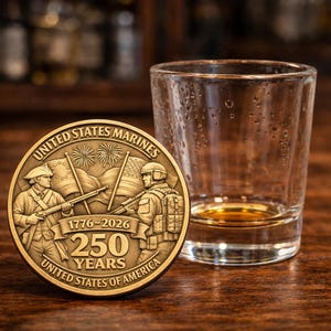 Puede incluir: Una moneda conmemorativa de bronce de los Marines de los Estados Unidos, que celebra 250 años. La moneda presenta a dos soldados, banderas y los años 1776-2026. Un vaso de chupito transparente está al lado de la moneda, con un poco de líquido ámbar en el fondo.