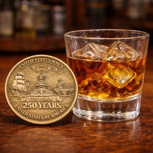 May include: A bronze United States Navy commemorative coin with a ship design and the text "250 Years 1776-2026". Beside it, a glass of amber liquid with ice cubes.