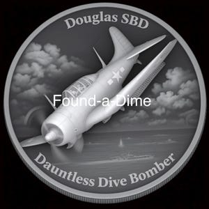 K&ouml;nnte beinhalten: Eine silberfarbene M&uuml;nze mit einer detaillierten Darstellung eines Douglas SBD Dauntless Dive Bomber Flugzeugs. Die M&uuml;nze tr&auml;gt den Text "Douglas SBD" oben und "Dauntless Dive Bomber" unten. Der Text "Found-a-Dime" befindet sich in der Mitte.