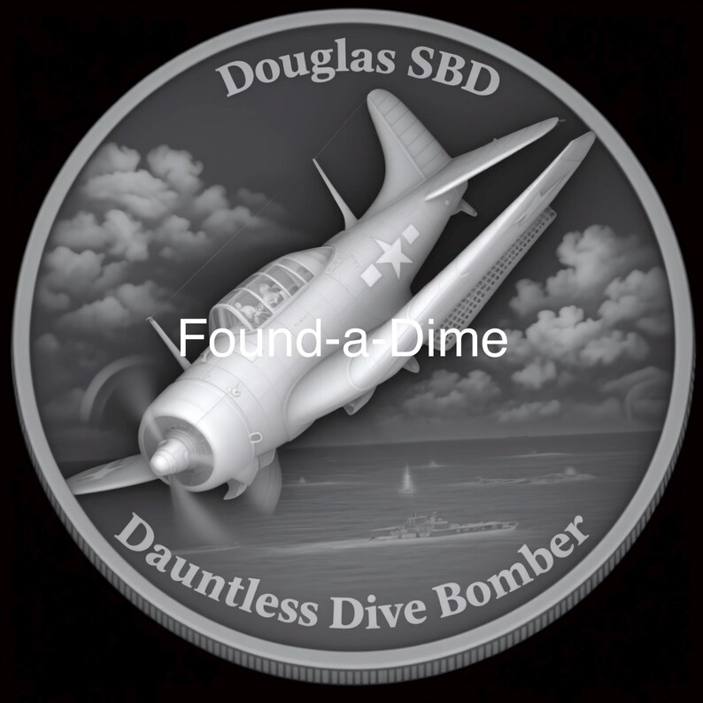 K&ouml;nnte beinhalten: Eine silberfarbene M&uuml;nze mit einer detaillierten Darstellung eines Douglas SBD Dauntless Dive Bomber Flugzeugs. Die M&uuml;nze tr&auml;gt den Text "Douglas SBD" oben und "Dauntless Dive Bomber" unten. Der Text "Found-a-Dime" befindet sich in der Mitte.