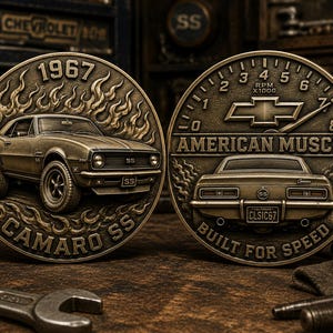 May include: Two circular bronze-toned medallions featuring a 1967 Camaro SS. The left medallion shows the car front with flames and the text 1967 CAMARO SS. The right medallion shows the rear with a tachometer, the text AMERICAN MUSCLE BUILT FOR SPEED.