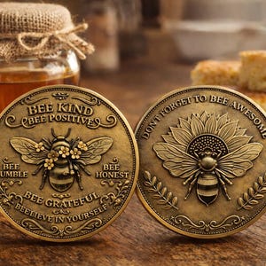 May include: Two bronze coins with bee motifs and motivational phrases. One coin says "Bee Kind, Bee Positive", the other "Don't Forget to Bee Awesome". A jar of honey and cornbread are in the background.