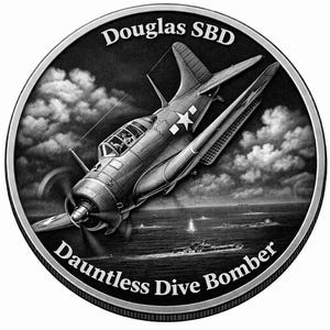 K&ouml;nnte beinhalten: Eine schwarz-wei&szlig;e M&uuml;nze mit einem Douglas SBD Dauntless Sturzkampfbomber im Flug &uuml;ber dem Meer. Der M&uuml;nzrand ist silberfarben, und die Texte "Douglas SBD" und "Dauntless Dive Bomber" sind um das Bild herum eingeschrieben.