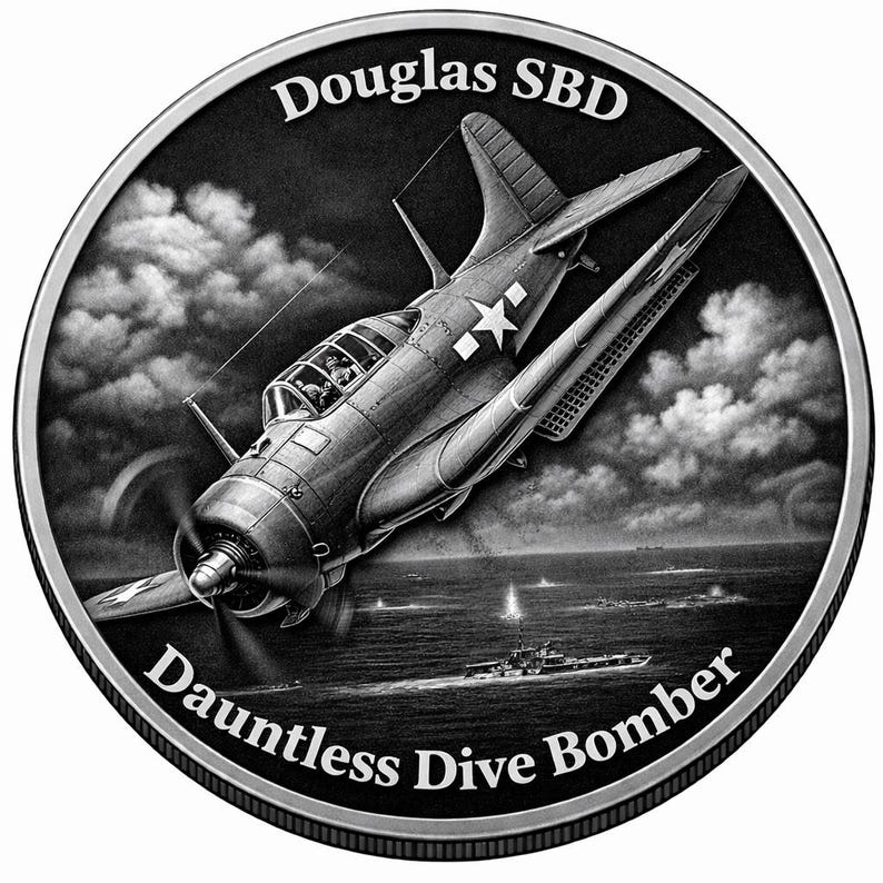K&ouml;nnte beinhalten: Eine schwarz-wei&szlig;e M&uuml;nze mit einem Douglas SBD Dauntless Sturzkampfbomber im Flug &uuml;ber dem Meer. Der M&uuml;nzrand ist silberfarben, und die Texte "Douglas SBD" und "Dauntless Dive Bomber" sind um das Bild herum eingeschrieben.