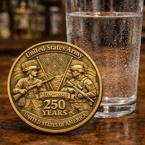 May include: A bronze commemorative coin for the United States Army, featuring two soldiers, flags, and the text "United States Army 1776-2026 250 Years United States of America". The coin is next to a glass of water.