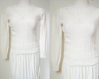 Vintage 1960s Crocheted Lilac Two Piece Matching Skirt Sweater Set