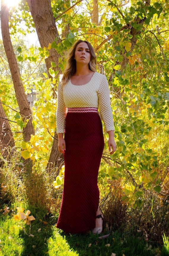Vintage 1970s Burgundy Red and Ivory Crochet Maxi 