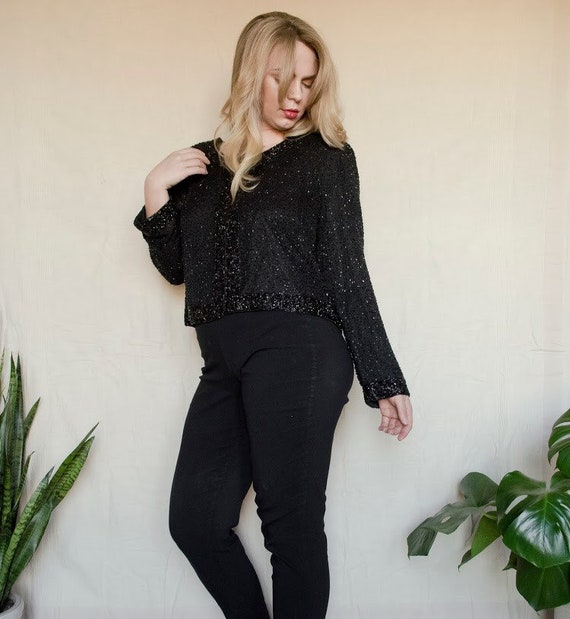 Vintage 1980's Black Beaded Silk Blouse by Stenay - image 5