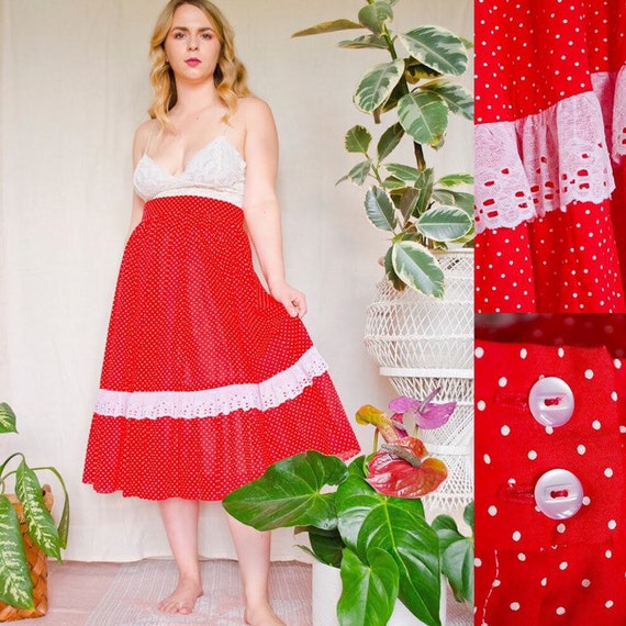 Vintage 1970s Red Polka Dot Peasant Skirt With Wh… - image 1