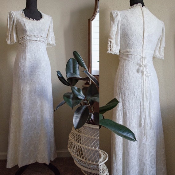 Vintage 1970s White Lace Victorian style dress