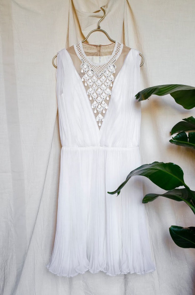 Vintage 1960s Jack Bryan California White Chiffon Beaded Rhinestone Cocktail Dress image 2