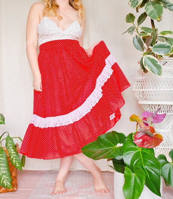 Vintage 1970s Red Polka Dot Peasant Skirt With Wh… - image 2