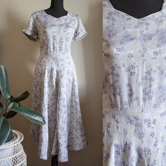 Vintage 1950s Silver Metallic Floral Dress