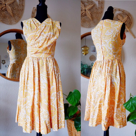 Vintage 1960s Yellow Paisley Crepe Party Dress - image 1