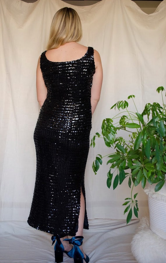 Vintage Black Sequin Body Con Maxi Formal Dress w… - image 4