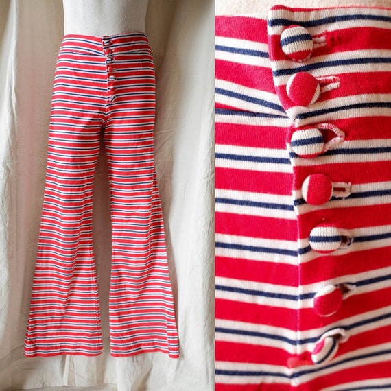Vintage 70s Wide Leg High Rise Red Striped Flare P