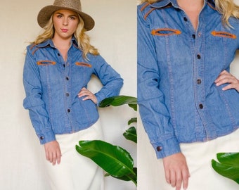 Vintage 70s Western Denim Chambray Chemise