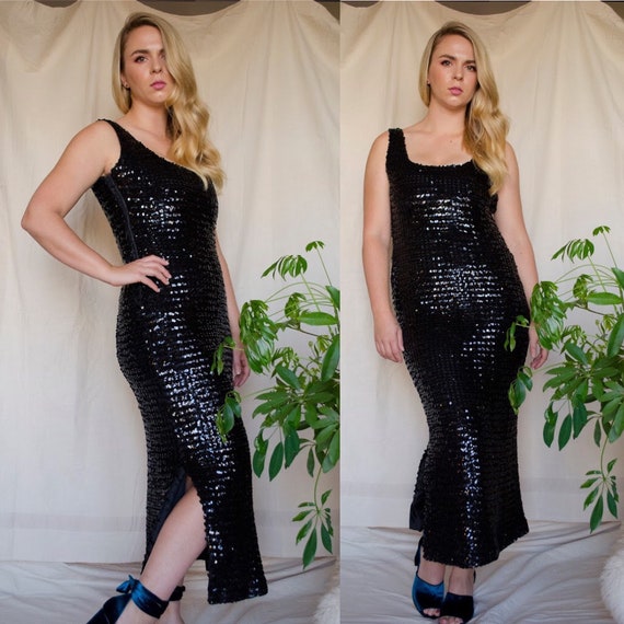 Vintage Black Sequin Body Con Dress with Slit