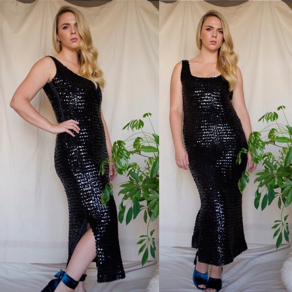 Vintage Black Sequin Body Con Maxi Formal Dress w… - image 1