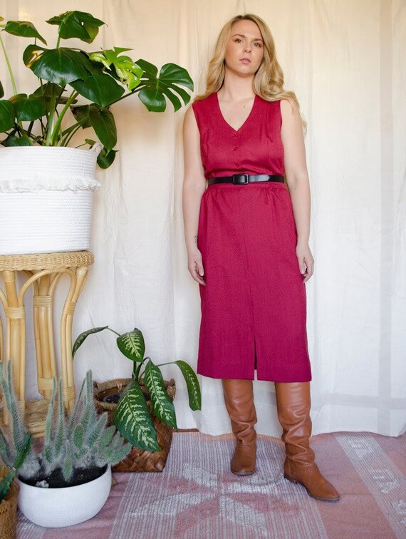 Vintage 1970s Linen Raspberry Red Belted Midi Dres