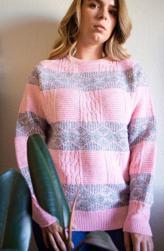 Vintage 80s Pink and Grey Striped Sweater