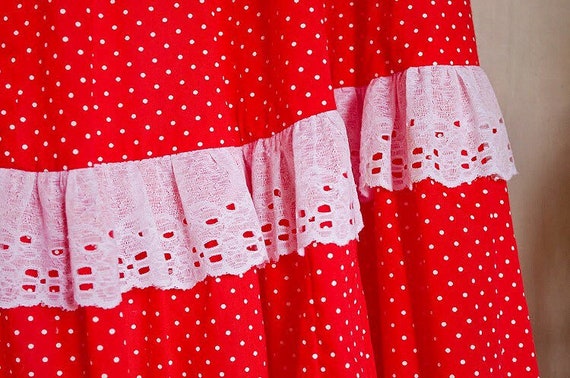 Vintage 1970s Red Polka Dot Peasant Skirt With Wh… - image 6