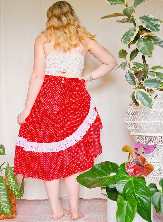 Vintage 1970s Red Polka Dot Peasant Skirt With Wh… - image 3