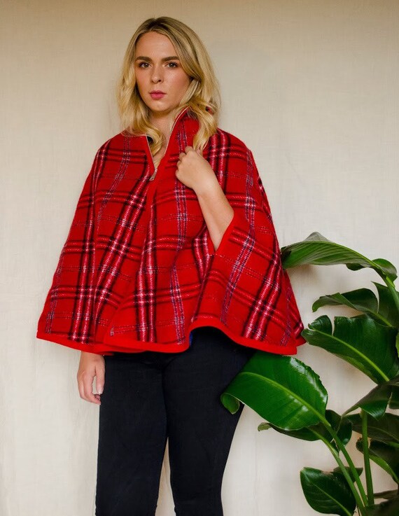 Vintage 1950s 1960s Plaid Wool Reversible Cape Re… - image 2