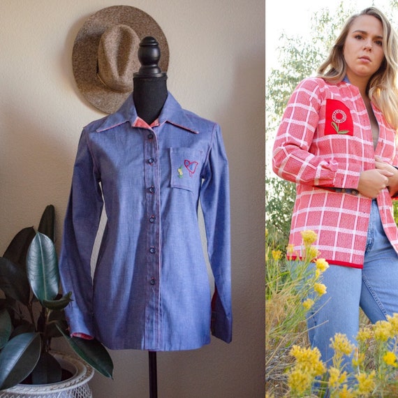 Vintage 1970s Western Embroidered Chambray Button
