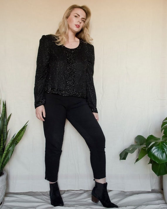 Vintage 1980's Black Beaded Silk Blouse by Stenay - image 2