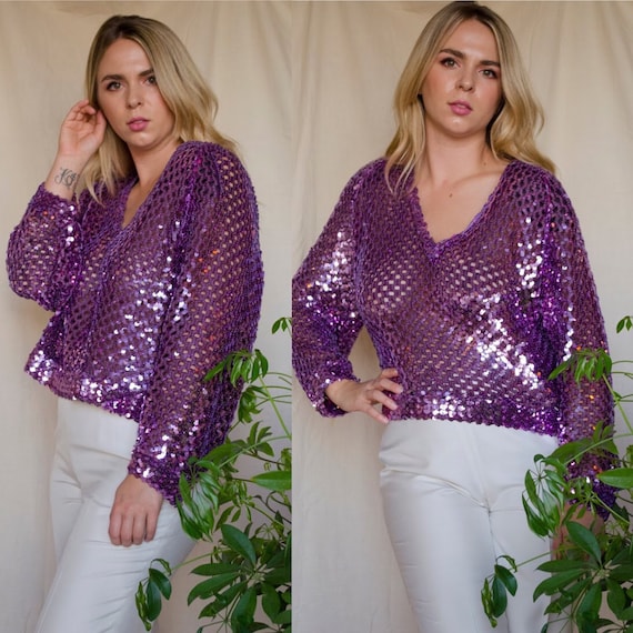 Vintage 1970s Lavender Sequin Disco Knit Blouse