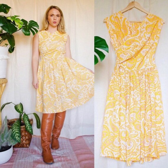 Vintage 1960s Yellow Paisley Crepe Party Dress - image 4